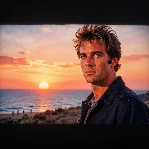 Photograph of a handsome, tousled-haired man in a black shirt against a vibrant sunset over a beach, with colorful sky and ocean in the background