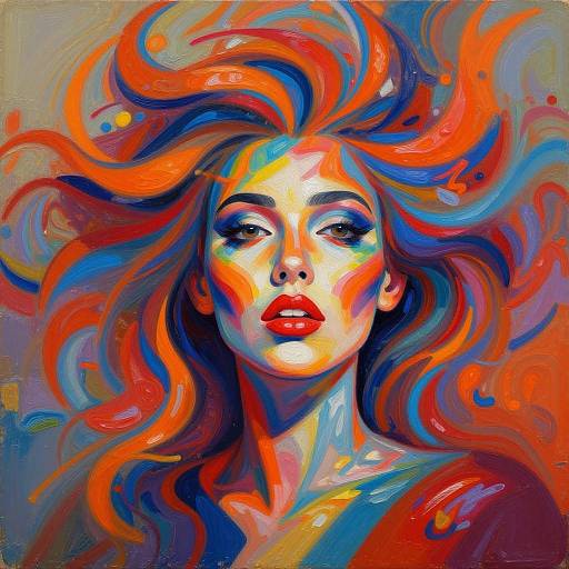 Vibrant digital painting of a woman with flowing, multicolored orange, blue, and red hair, bold red lips, and intense gaze.