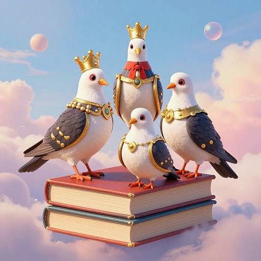 Photograph of four white pigeons with golden crowns and regal necklaces, standing on stacked books against a sky-blue, cloud-filled background.