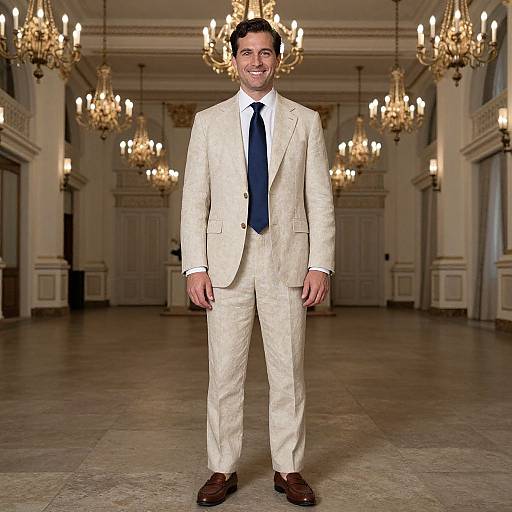 Photograph of a smiling man in a beige suit, white shirt, blue tie, and brown shoes standing in an elegant, chandelier-lit ball