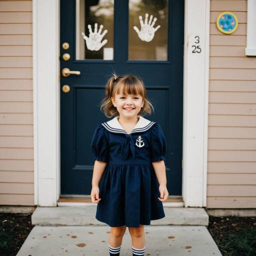 Toddler Girl in Navy Sailor Dress Near Daycare Door