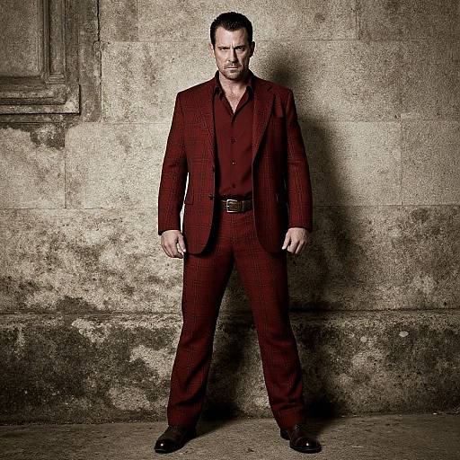 Photograph of a serious, dark-haired man in a red checkered suit, black shirt, and belt, standing against a textured, old stone wall