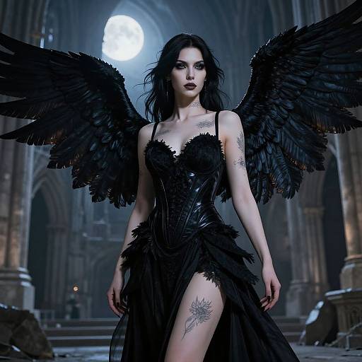 Digital artwork of a pale, dark-haired woman with black feathered wings, wearing a black, glossy, feathered dress, standing in a gothic