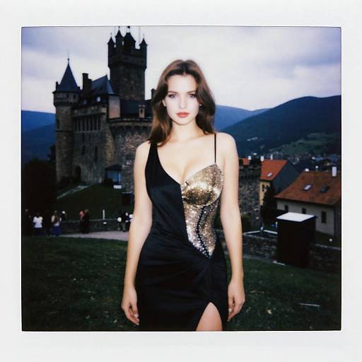 Photograph of a fair-skinned woman with long brown hair, wearing a black one-shoulder dress with gold sequin detail, standing in front