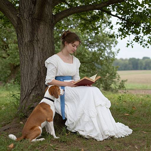 Photograph of a young woman in a white, lace-trimmed dress with a blue sash, reading a book under a tree, sitting beside