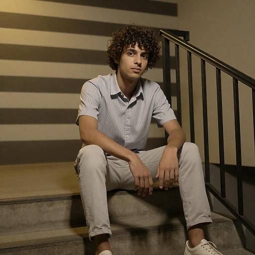 Young man sitting on concrete stairs indoors
