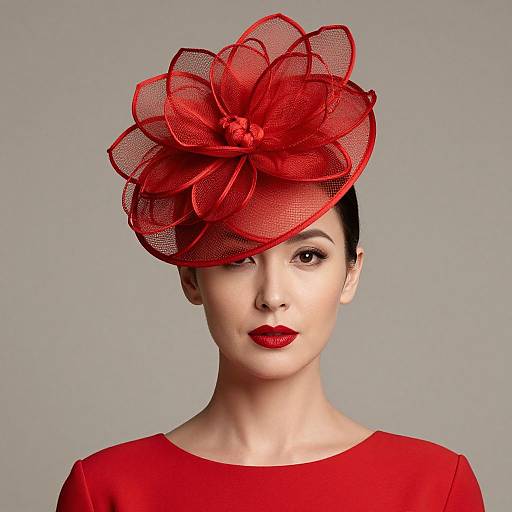 Photograph of a pale-skinned woman with black hair, red lipstick, wearing a vibrant red dress and large, intricate red mesh flower hat, against
