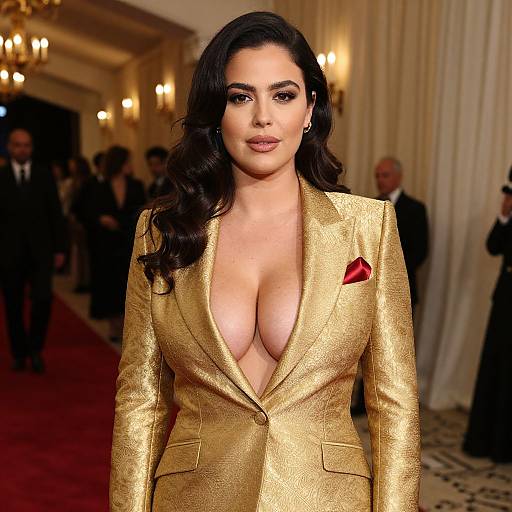 Photograph of a dark-haired woman with large breasts in a low-cut, gold textured blazer, red pocket square, standing in an elegant, warmly
