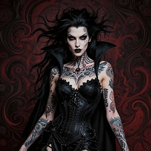 Gothic vampire woman with black hair, dark lipstick, intricate tattoos, black corset, and cape, against swirling dark red background. Digital art