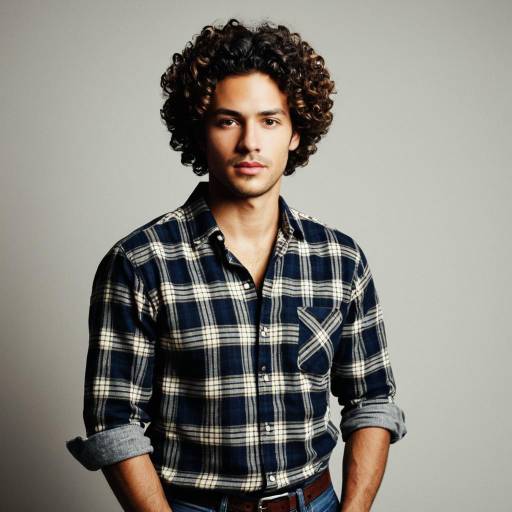 Young Man with Curly Hair in Plaid Shirt