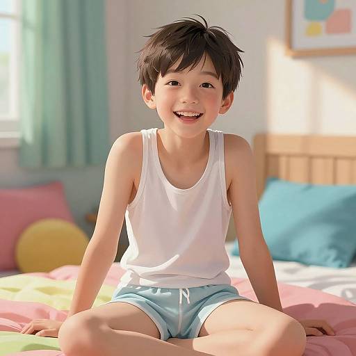 Photograph of a smiling young Asian boy with short black hair, wearing a white tank top and light blue shorts, sitting cross-legged on a colorful bed