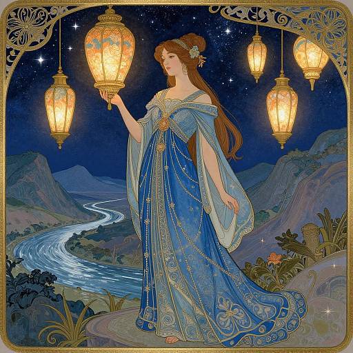 Art Nouveau Serene Woman with Lanterns