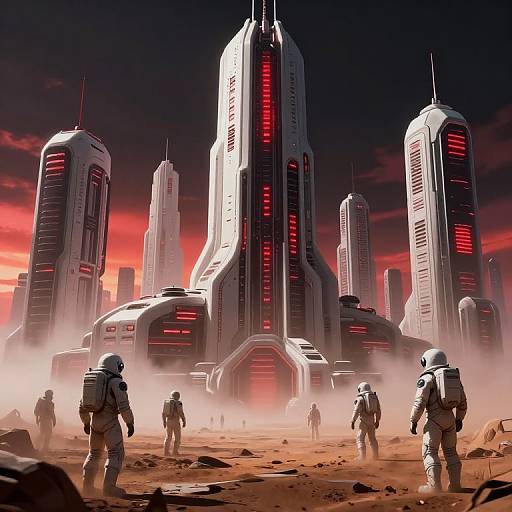 Digital art of a futuristic, dystopian cityscape at sunset, featuring towering, glowing red skyscrapers and six astronauts in white suits standing on a