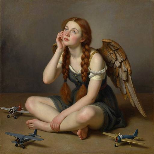 Painting of a red-haired angel girl with braids, brown wings, and blue dress, sitting barefoot, surrounded by three small airplanes.