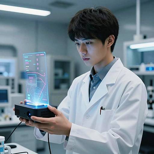 Young Asian male scientist in white lab coat examines glowing blue cylindrical device in modern laboratory, fluorescent lights in background.