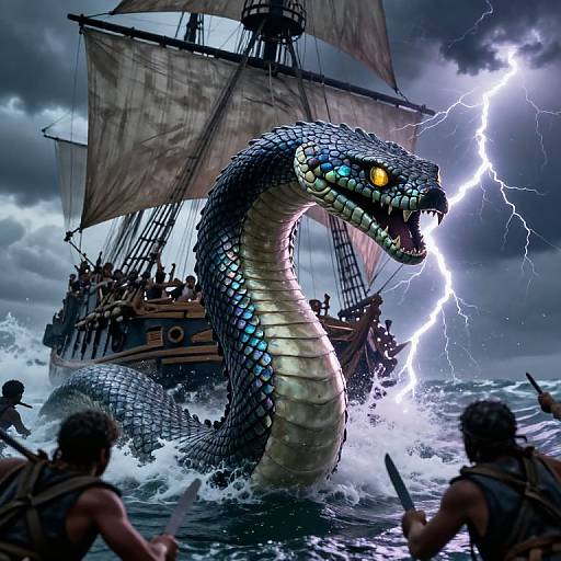 CGI fantasy scene: A massive, glowing-eyed serpent emerges from stormy waves, attacking a wooden ship with lightning bolts, sailors armed and rowing