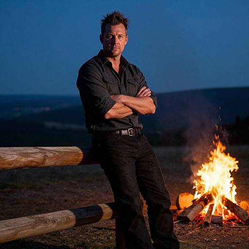 Photograph of a rugged man with spiked hair, black shirt, and pants, standing with arms crossed by a campfire at dusk.