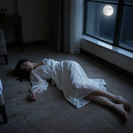 Photograph of a sleeping woman in a white robe on a carpeted floor, illuminated by a full moon through a window.