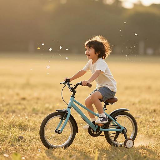 Photograph of a joyful young Asian boy with short black hair, wearing a white t-shirt and blue shorts, riding a light blue bicycle in a sun