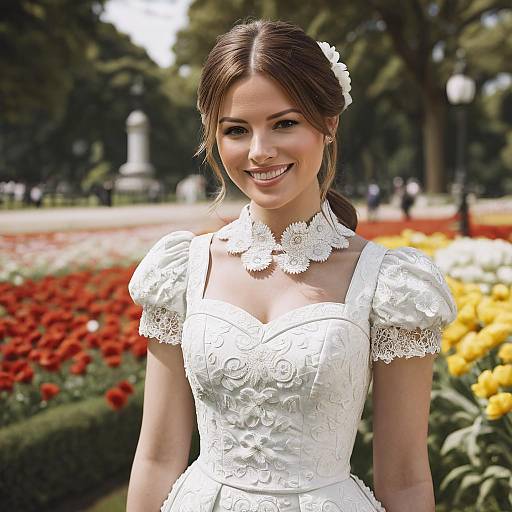 Photograph of a smiling young woman in a white, lace-trimmed wedding dress with floral embroidery, standing in a vibrant garden with red and yellow