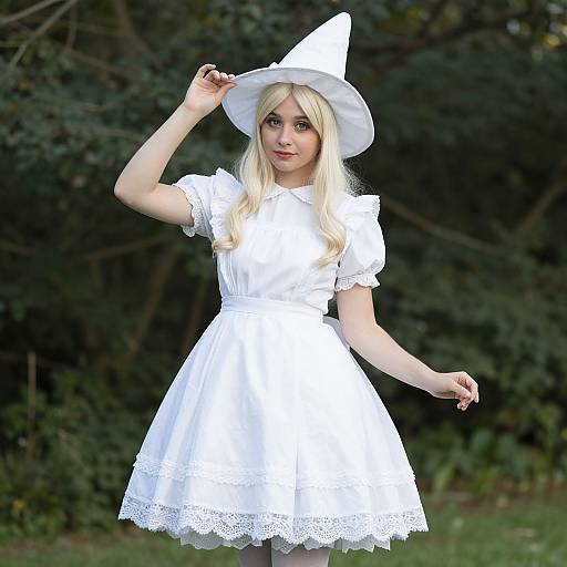 Photograph of a young blonde woman in a white witch costume, including a pointed hat and lace-trimmed dress, standing outdoors in front of dark