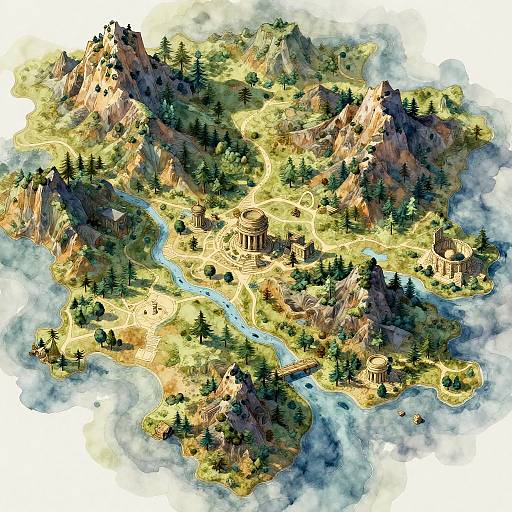 Digital art of a fantasy mountainous island with lush greenery, ancient ruins, winding rivers, and scattered trees, surrounded by mist.