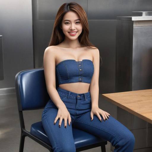 Smiling Asian Woman in Denim Outfit Sitting Indoors