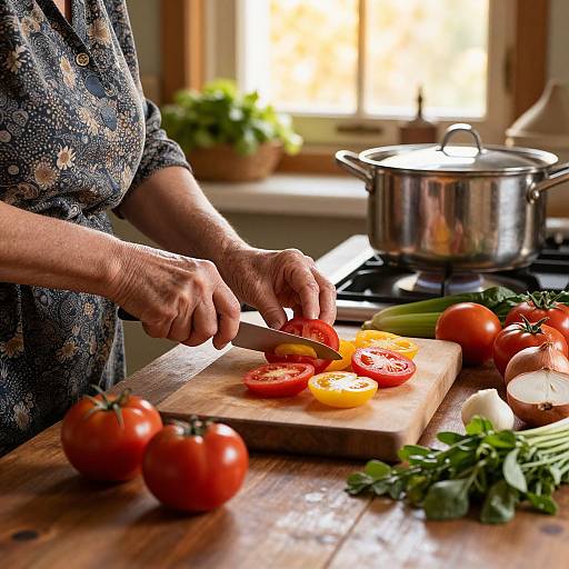 Elderly Woman Dicing Tomatoes at Golden Hour
