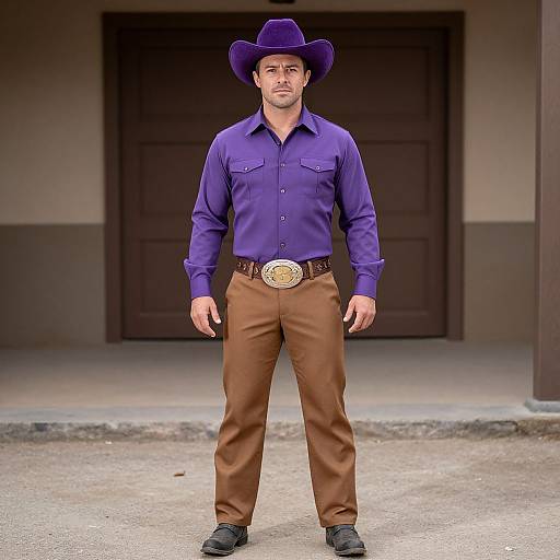 Photograph of a muscular, light-skinned man in a purple shirt, brown pants, black boots, and purple cowboy hat standing in front of a