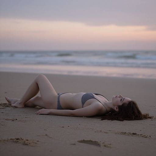 Photograph of a young woman with light skin and brown hair, lying on a sandy beach in a grey bikini, eyes closed, with the ocean and