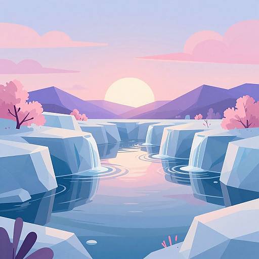 Digital illustration of a serene, icy landscape at sunset. Blue and pink hues dominate, with cascading waterfalls, pink cherry blossoms, and a