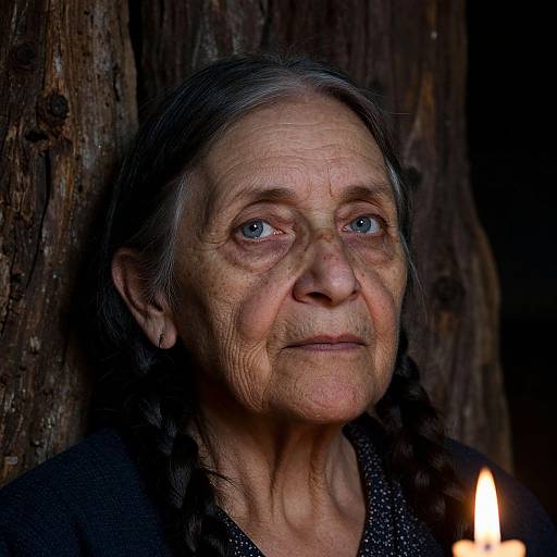 Photograph of an elderly woman with deep wrinkles, gray braided hair, and blue eyes, illuminated by a candle in a dark, wooden background.