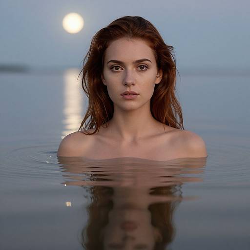 Photograph of a topless, fair-skinned woman with wet, brown hair, standing in calm water at dusk, moonlit reflection behind her.