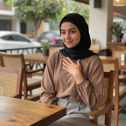 Young Woman in Hijab at Outdoor Cafe