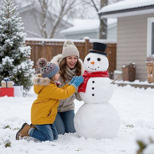 Photograph of a smiling woman and child in winter clothes building a snowman with a black top hat and red scarf in a snowy backyard.