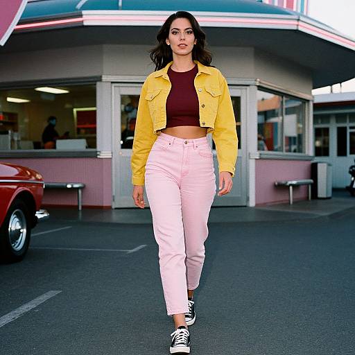 Photograph of a confident woman with dark hair, wearing a yellow jacket, brown crop top, pink pants, and black sneakers, walking in front of