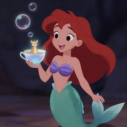 Animated Red-Haired Mermaid with Glowing Teacup