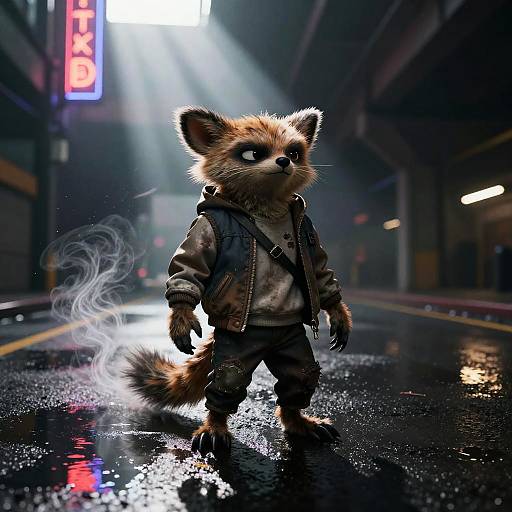CGI image of an anthropomorphic red panda in a rainy, neon-lit city street, wearing a leather jacket and dark pants, with a sm