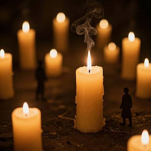 Photograph of glowing, yellow candles with melting wax, surrounded by small, silhouette figures, creating a warm, serene, and mysterious ambiance.