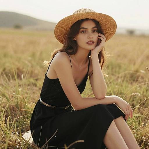 Photograph of a slender woman with long brown hair, wearing a black dress, straw hat, and gold belt, seated in a sunlit grassy