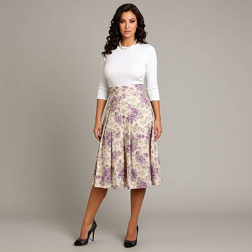 Photograph of a woman with curly black hair, wearing a white long-sleeve top and floral skirt, black high heels, standing against a plain