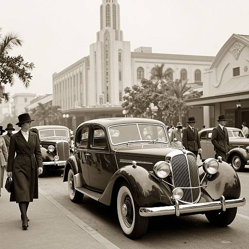 Vintage black-and-white photograph of a 1930s street with a classic car, elegantly dressed women in hats, and men in suits, background