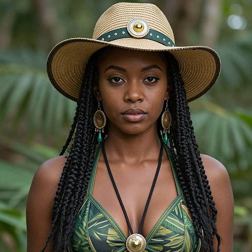 Photograph of a beautiful Black woman with dark skin, long braids, wearing a green leaf-patterned bikini, straw hat, and gold earrings,