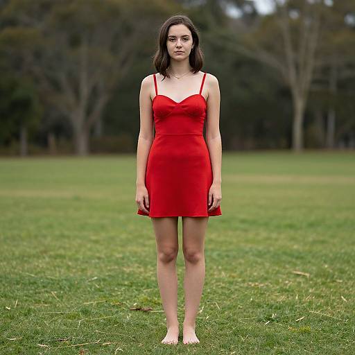 Photograph of a young woman with fair skin, black hair, and red dress standing barefoot on green grass in a park.
