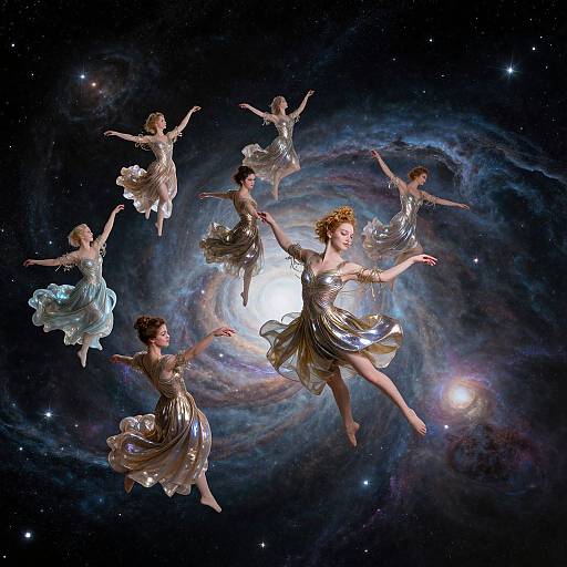 Digital artwork of six ethereal, silver-dressed ballerinas with golden crowns floating in a swirling, cosmic galaxy with stars and nebulae
