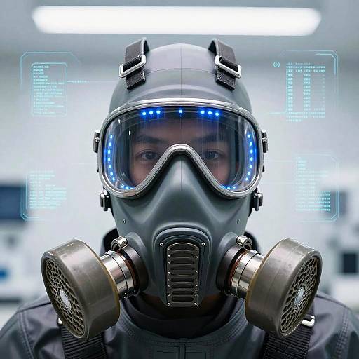 Photograph of a person wearing a futuristic, metallic gas mask with blue-lit goggles, set against a bright, white-lit background.