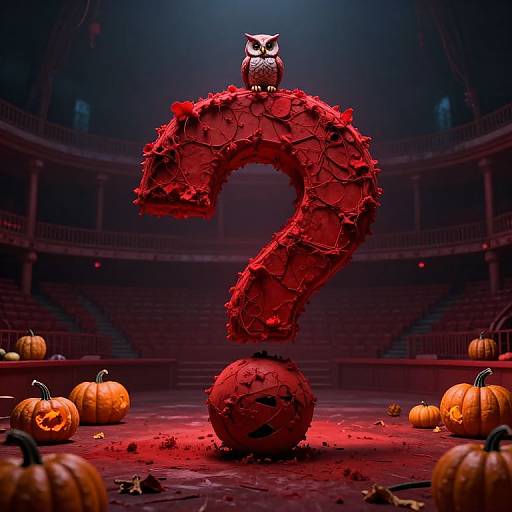 Digital artwork of a red, question mark-shaped sculpture with an owl on top, surrounded by carved pumpkins in a dark, circular theater.