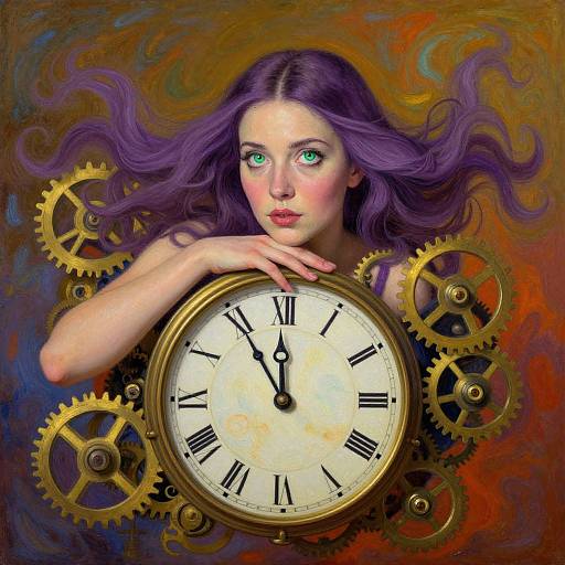 Digital painting of a fair-skinned woman with vibrant purple hair, green eyes, and clock gears behind her, with a clock in hand.