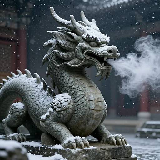 Photograph of a snow-covered, detailed stone dragon statue with smoke exhaling from its mouth, set against a blurred, snowy temple backdrop.