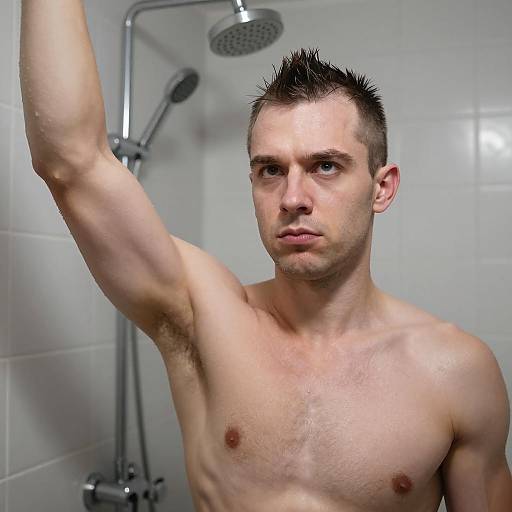 Muscular Man in Shower with Intensity
